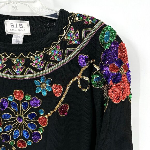 vintage 80s BEADED SEQUINS SWEATER tunic shoulder pads colorful floral 2X - Picture 6 of 8